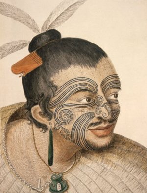 Chef Maori, dessin de Parkinson, qui était artiste du Capitain Cook's lors de son premier voyage en Nouvelle Zelande en 1769